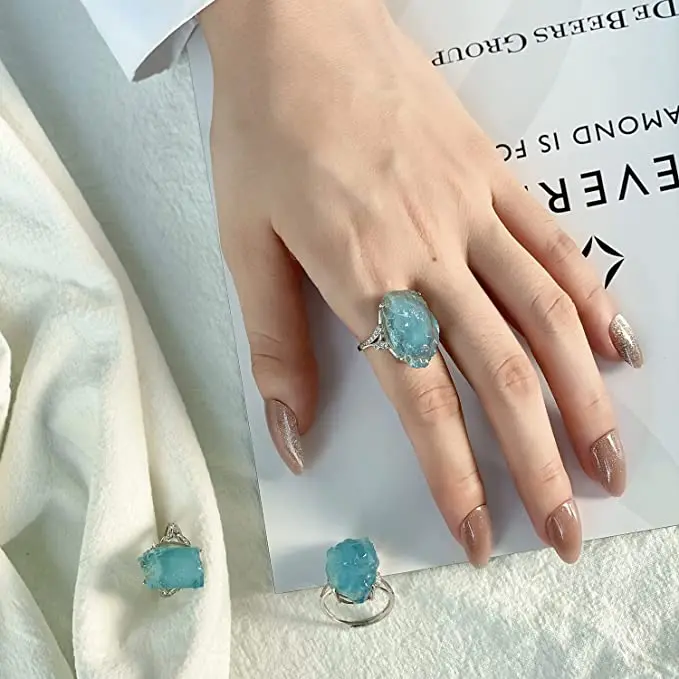 YEEVAA Регулируем пръстен с естествен син кристал на Аквамарин, бяло бъде позлатен пръстен с океански на скъпоценния камък, Бижута AAAAA